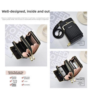 Détails de la pochette téléphone tissée avec fentes pour cartes et compartiments zippés