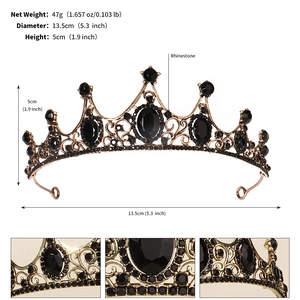 Detailed size specifications and weight of the vintage black rhinestone crown tiara