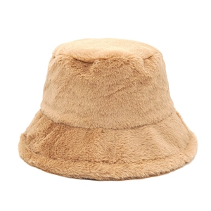 Close-up of the soft texture and fluffy fibers of this khaki plush bucket hat for winter