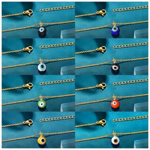Detail showing eight color variations of Evil Eye pendant necklaces with lobster clasps