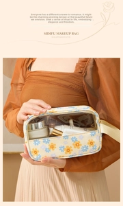 Detail of yellow floral makeup bag with transparent PVC window and sturdy hand strap