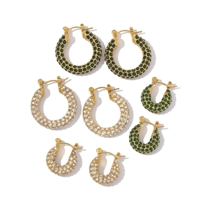 18K gold plated stainless steel hoop earrings set with green and white cubic zirconia