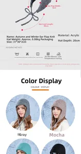 Detailed dimension guide for thermal ear-flaps knit hat showing depth and strap length