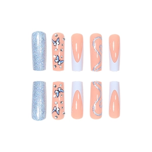 Long coffin press-on nails with blue butterfly art, silver glitter, and French tips