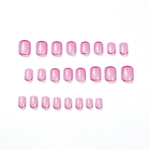 Short square pink french press-on nails with rose red edges, 24 piece set for manicure