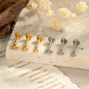 G23 titanium push-pin labret studs with three-bead design in gold and silver finish
