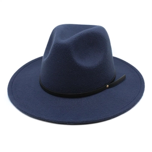 Classic navy blue wool fedora hat with a wide brim and decorative black leather band