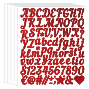 Macro view of 1 inch red glitter alphabet and number stickers for DIY card decorating