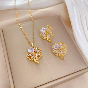 Four Leaf Clover Necklace And Stud Earrings Titanium Steel Copper Zircon With Silver Earring Post Elegant Women Jewelry