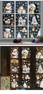 Detail of 3D Christmas window stickers with Santa, snowman, and reindeer on glass surfaces