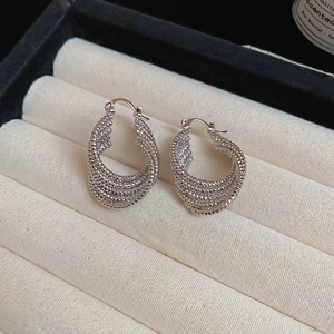 Macro shot of silver multi-layered textured twisted hoop earrings on jewelry stand