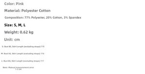 Size chart detail for pink halter neck slit dress showing measurements for S, M, and L sizes