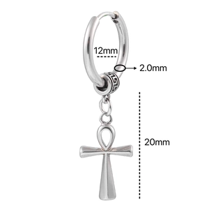Silver stainless steel huggie earring with Ankh cross pendant and 12mm size measurements