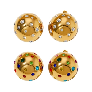 Spherical stainless steel stud earrings with multicolor crystals and gold finish