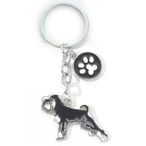 Silver metal keychain with black and white Schnauzer dog and paw print pendants