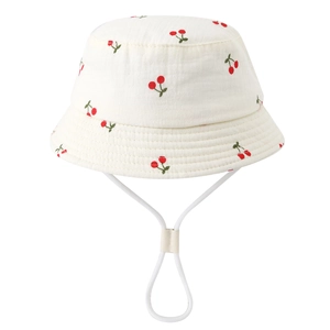 Baby white cotton bucket hat with red cherry print and adjustable chin drawstring