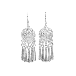 Ethnic style silver leaf tassel earrings with hollow disc design for women and travelers