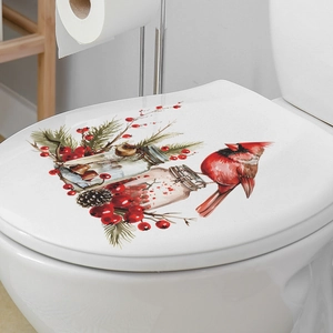 Sticker de toilette de Noël avec oiseau cardinal rouge, baies et pommes de pin festives