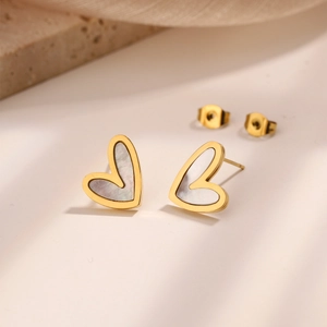 Elegant gold-plated heart stud earrings with white mother of pearl inlay for women