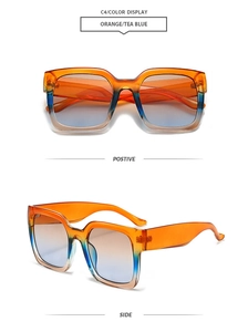 Detailed views of square oversized sunglasses with orange and tea blue gradient frames