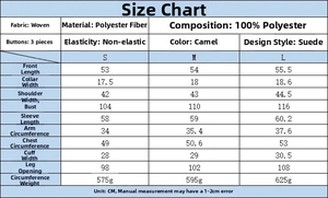 Size guide for women's faux suede jacket showing chest, sleeve and length measurements