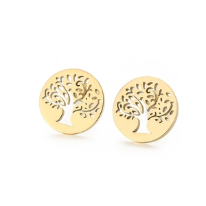Polished gold stainless steel hollow Tree of Life stud earrings on white background