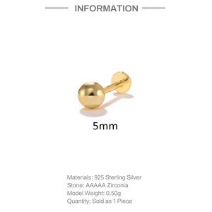 Detailed side view of 5mm gold S925 sterling silver ball labret with screw thread