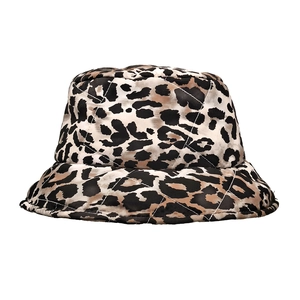Detail view of the quilted leopard print bucket hat with diamond stitching texture