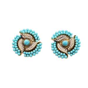 Retro geometric flower stud earrings with turquoise beads and sparkling crystals