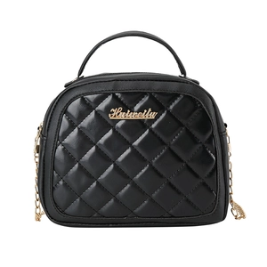 Classic black quilted PU leather handbag with gold chain strap and top handle