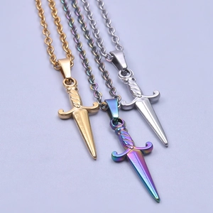 Polished stainless steel sword necklace pendants in gold, silver, and iridescent finishes