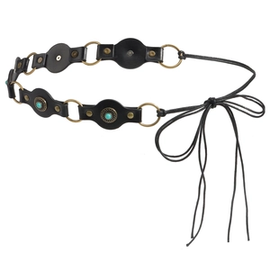 Bohemian black leather waist belt with turquoise stones and brass rings on white background