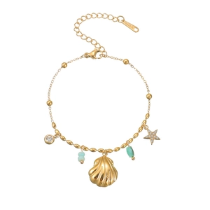 18k gold plated stainless steel bracelet with seashell charms and blue beads