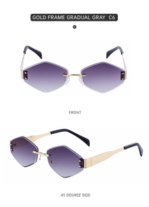 Front and side view of rimless polygon sunglasses with gold frame and gradient gray lenses