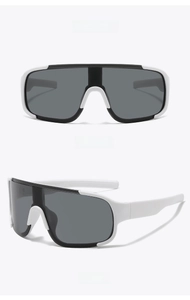 Front and side views of white shield sports sunglasses with protective grey lenses