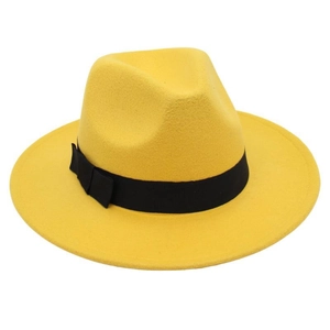 Detailed view of yellow wool fedora hat with a black grosgrain ribbon and side bow