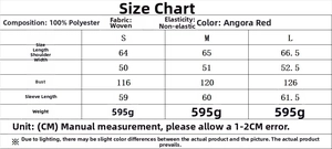 Detailed size chart for vintage American style jacket and shorts set with measurements