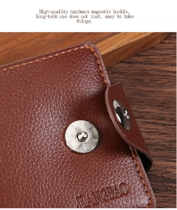 Close-up of premium brown leather wallet featuring rust-proof magnetic metal buckle