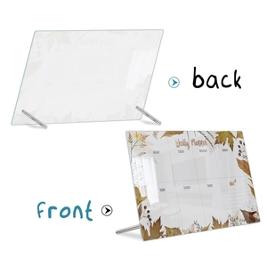 Detailed front and back views of a weekly acrylic planner with fall leaf designs