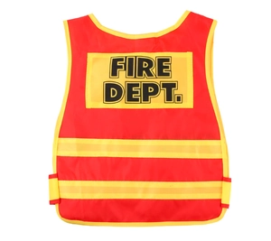 Close-up of red kids firefighter vest with yellow reflective stripes and Fire Dept text