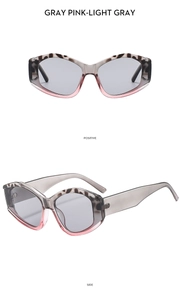 Front and side view of irregular geometric sunglasses in gray and pink leopard design