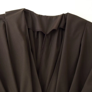 Women's minimalist V-neck deep brown pleated dress with waist tie and broad shoulders