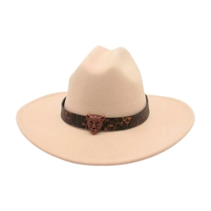 Vintage beige felt cowboy hat with leopard band and bronze leopard head ornament