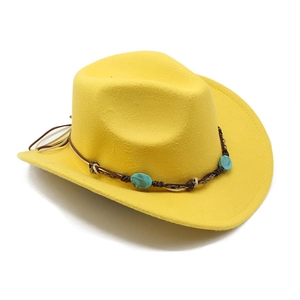 Detail of yellow wool fedora hat with turquoise beads and western braided leather band