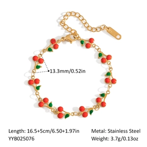 Detail view of 18K gold plated stainless steel cherry bracelet with size measurements