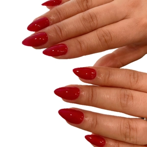 Glossy red long almond press-on nails set for women with smooth mirror finish