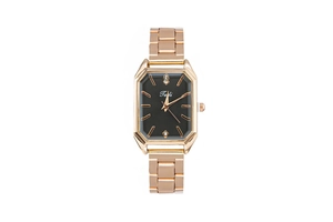 Macro shot of rose gold rectangular watch case with diamond accents and black dial