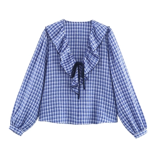 Damen Gingham Karo Bluse Langarm Rüschen V Ausschnitt Schleife Elegant Polyester Hemd Süß Erfrischend Lässig Top