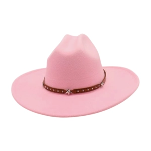 Pink wool felt cowboy hat detail with brown leather band and silver star rivets decoration