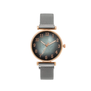 Montre à quartz pour femme avec boîtier or rose, cadran à motif de feuilles et bracelet maille